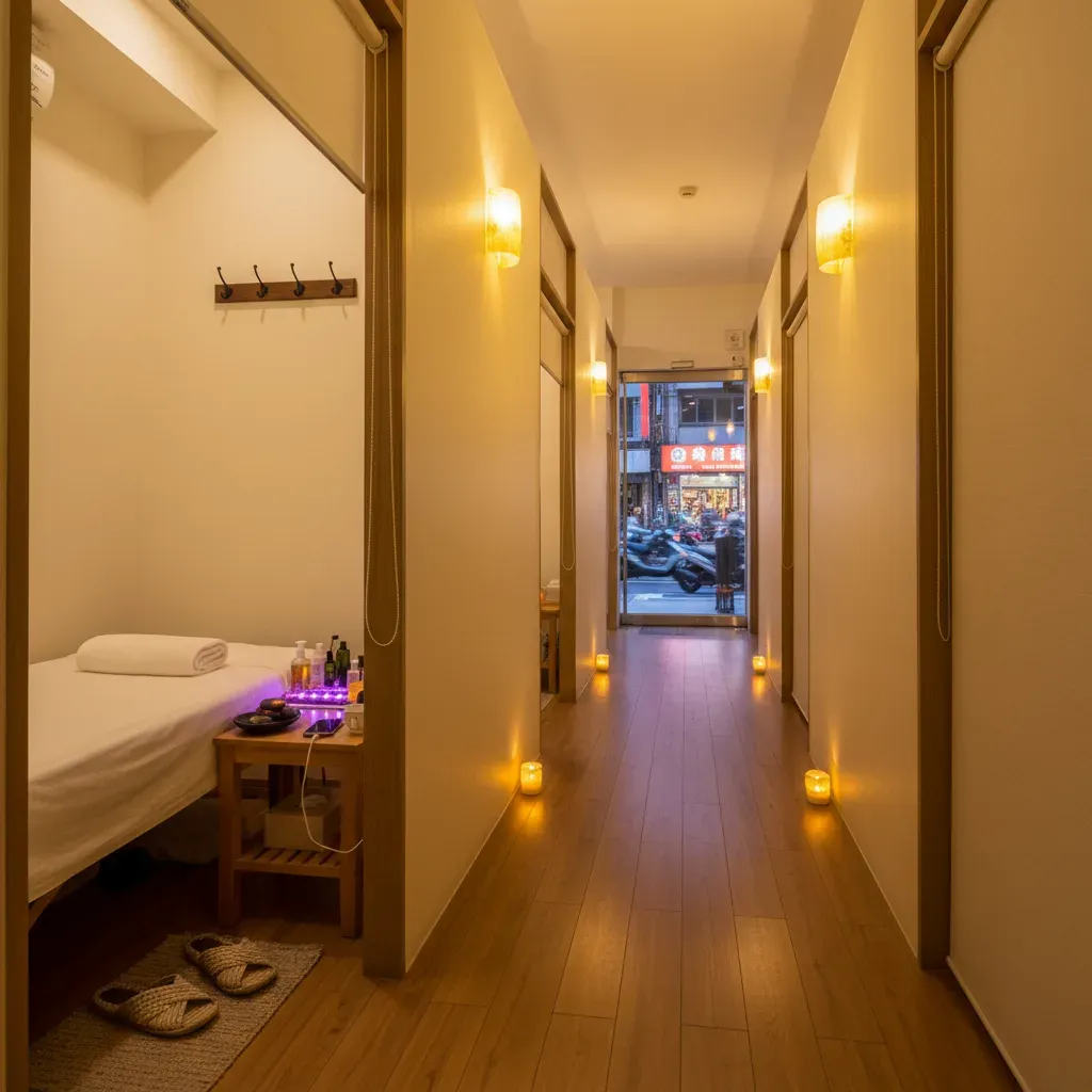 養生館走廊，暖黃色壁燈和半透明拉簾