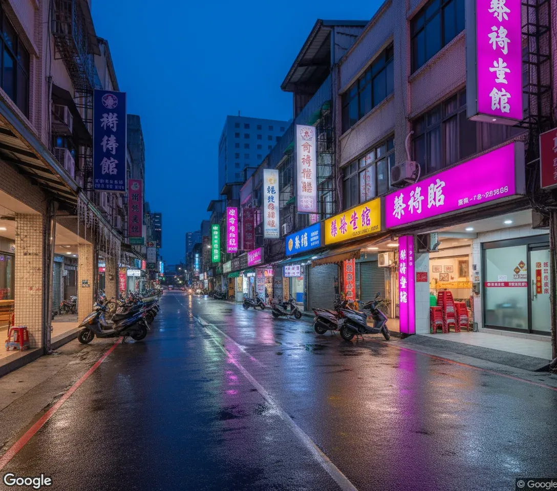 九如二路深夜街景，整排養生館霓虹招牌亮起