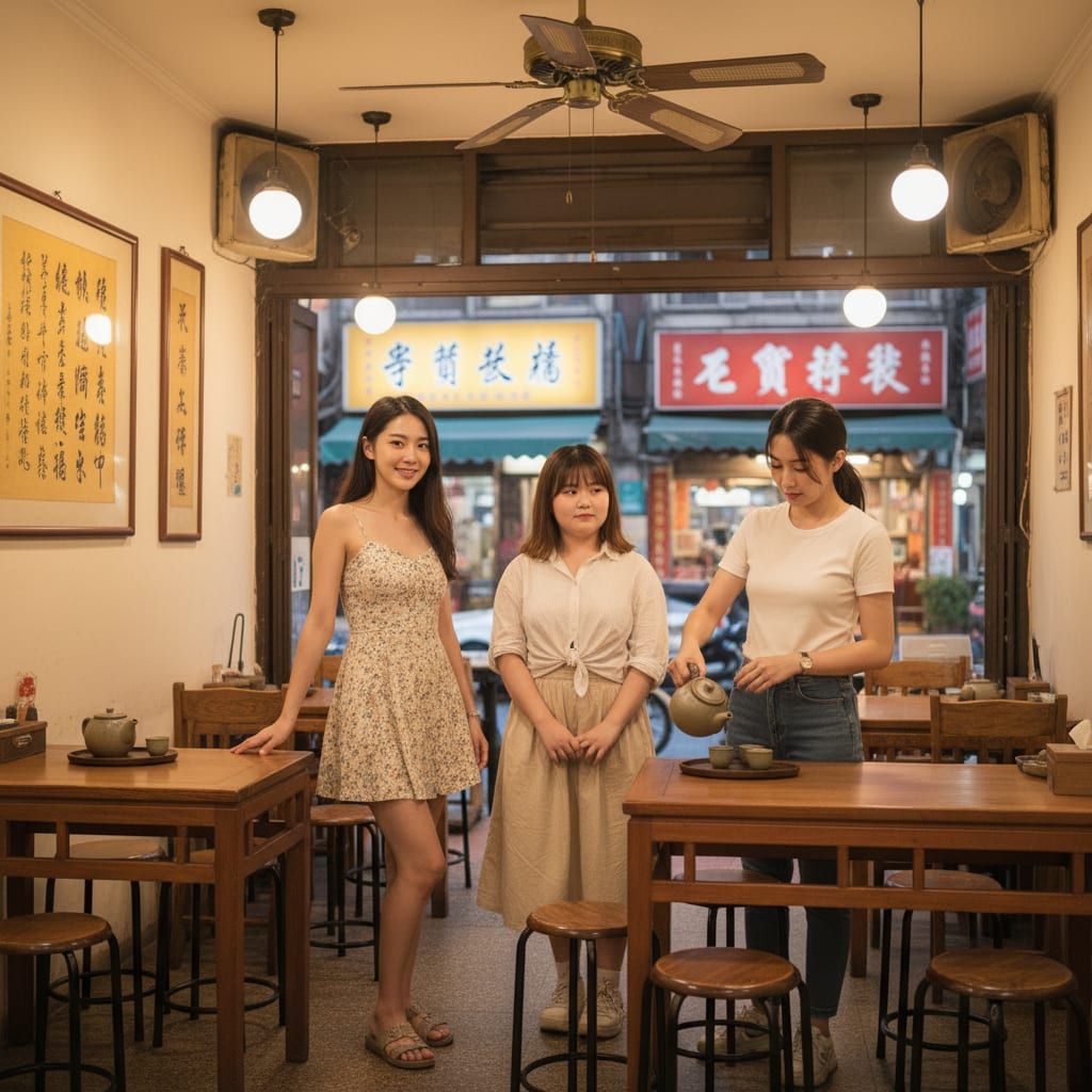 茶室裡站著幾位穿連衣裙的女生