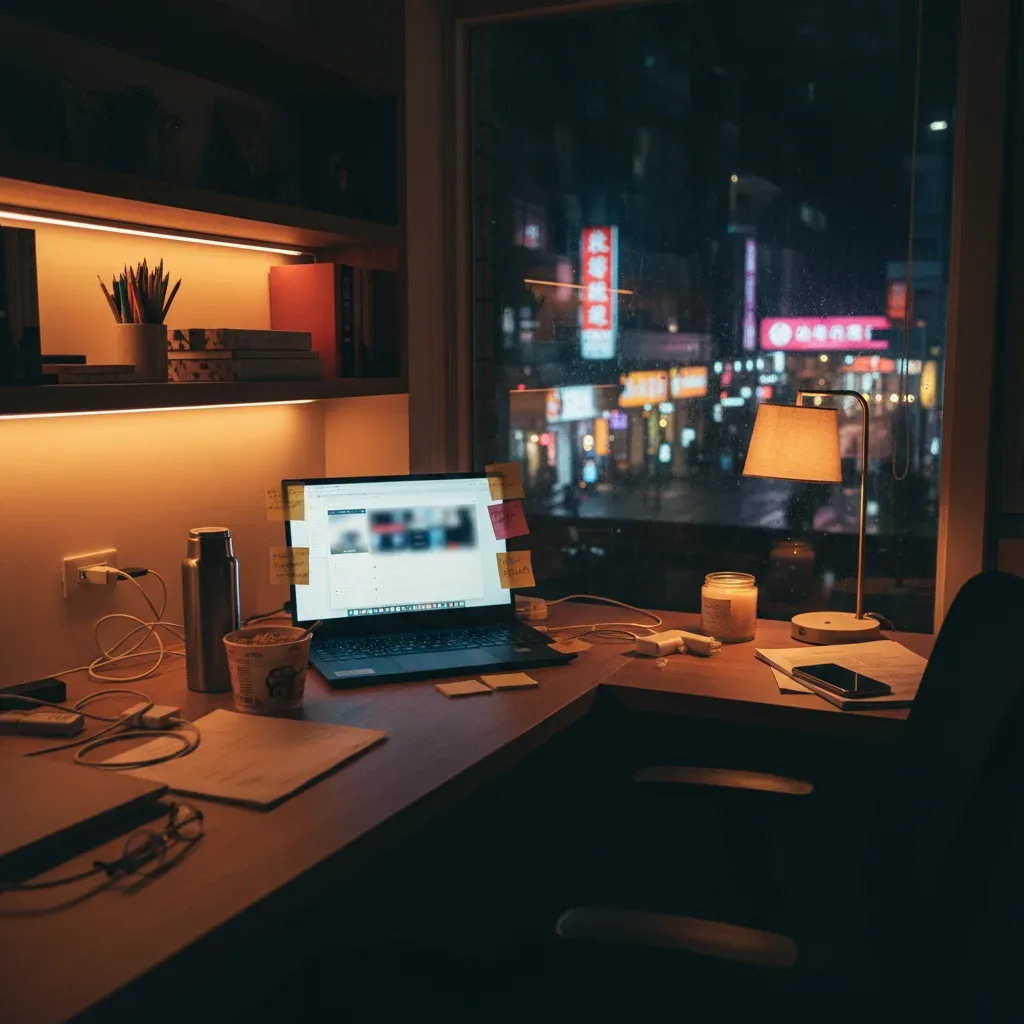 晚上辦公桌前筆電螢幕分屏排列多個 LINE 帳號