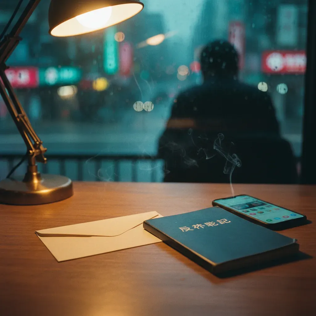 暖色桌燈下攤開的空信封