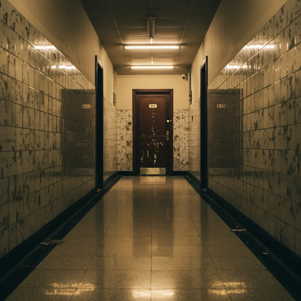 老旅館走廊昏黃燈光下緊閉的 503 房門