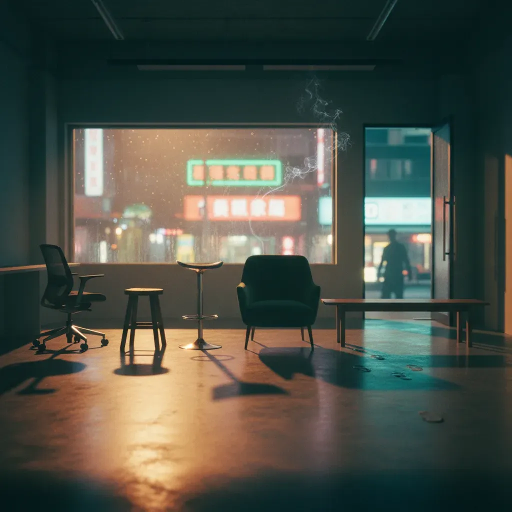 昏暗辦公室 5 張不同桌椅代表從業者 經紀 幹部 客人與寫手的業界生態